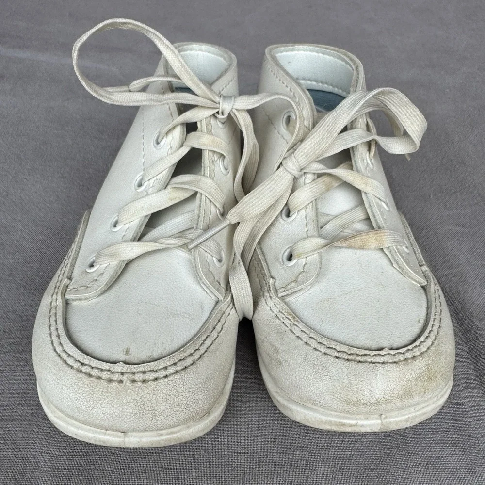 Size 3c - Vintage Infant White High Leather Manmade Crib Shoes Made In USA‎